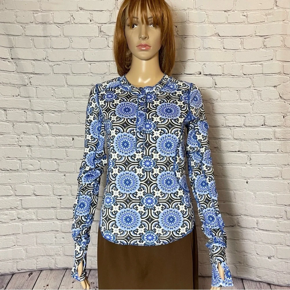 New Free People Fireside Long Sleeve Base Layer Blue Top Size M
